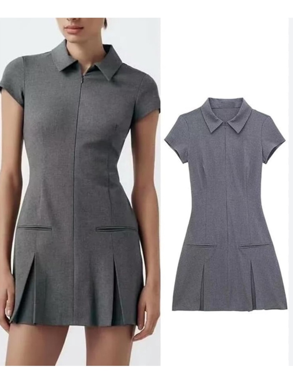 Zara Gray Cap-Sleeve Polo Mini Dress